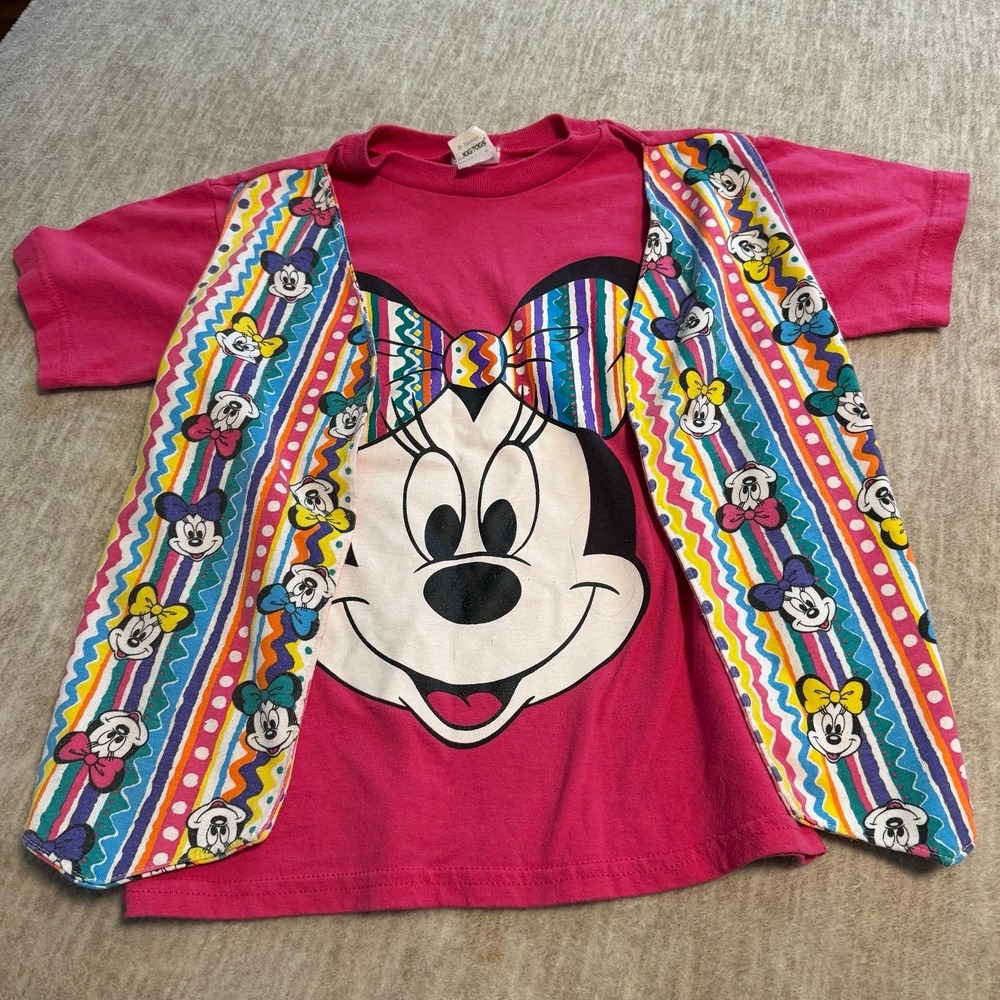Vintage Disney Minnie Mouse Rainbow Bow Graphic T-Shirt Youth Medium Pink